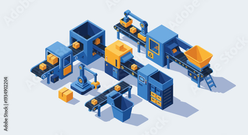 Isometric Industrial Automation and Production Line with Conveyor Belts and Robotic Arms.