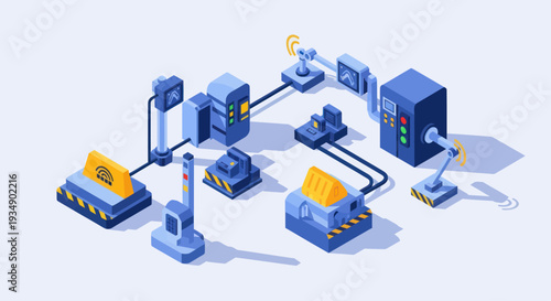 Isometric Industrial Automation and Manufacturing Process Illustration.