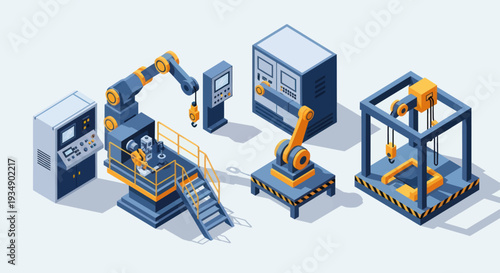 Isometric Industrial Automation and Robotic Manufacturing Equipment Set.