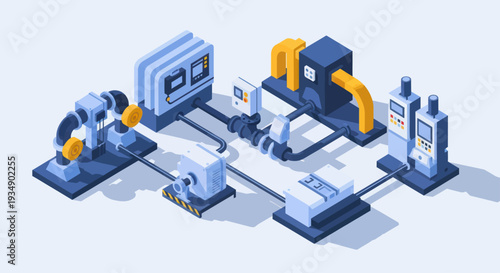 Isometric Industrial Automation and Robotic Manufacturing Process.