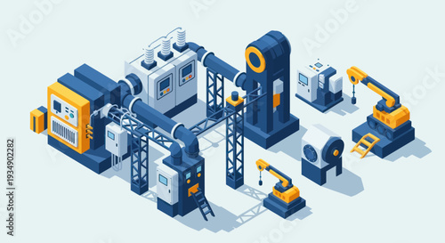 Isometric Industrial Automation Factory with Robotic Arms and Production Line.
