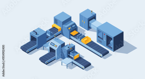 Isometric Industrial Conveyor Belt System with Automated Production Line.