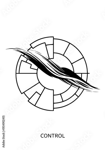 Abstract geometric black and white illustration of a futuristic segmented circular symbol intersected by a dynamic brush stroke, representing concepts of control, data, technology, and disruption, sui