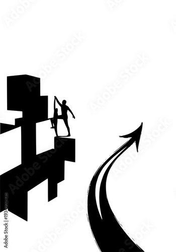 Silhouette figure climbing abstract steps toward a soaring upward black arrow symbolizing significant professional achievement, growth, and overcoming obstacles in a stark minimalist style.