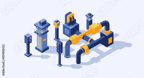 Isometric Industrial Equipment and Control Systems Illustration.