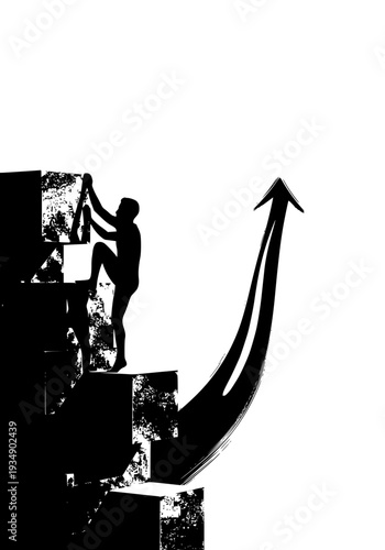 Person climbing block structures towards success, overcoming challenges and achieving goals with upward momentum in business development and career growth concept.