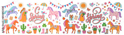 A vibrant collection of spring elements including horses a woman with flowers playful birds a sun and decorative text illustration colorful joyful cute festive celebration