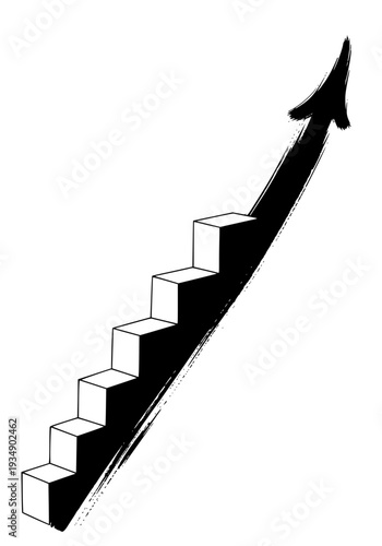 Rising staircase graphic with upward brushstroke arrow symbolizing business progress, career growth, achievement, and abstract upward trajectory illustration on white background.