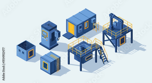Isometric Industrial Equipment and Machinery Set for Manufacturing.