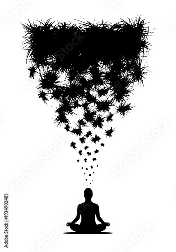 Conceptual image of a person meditating in lotus pose with a dense cloud of dark, spiky abstract elements descending upon their head, illustrating stress, anxiety, and mental processing challenges on 