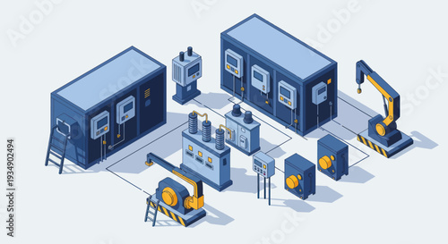 Isometric Industrial Equipment and Manufacturing Machinery Layout.