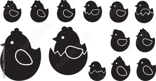Black Silhouette Chicks Hatching from Eggs Illustration Set