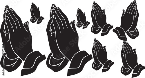 Praying hands in various positions and sizes illustration set