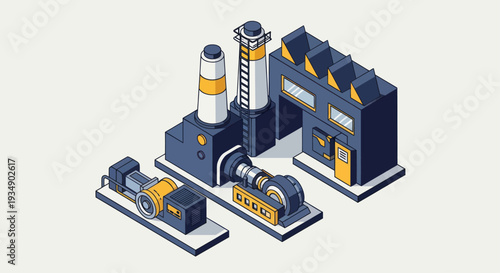 Isometric Industrial Factory Building with Machinery and Smokestacks.