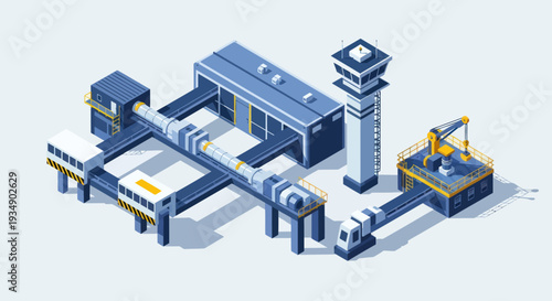 Isometric Industrial Factory Complex with Control Tower and Processing Equipment.