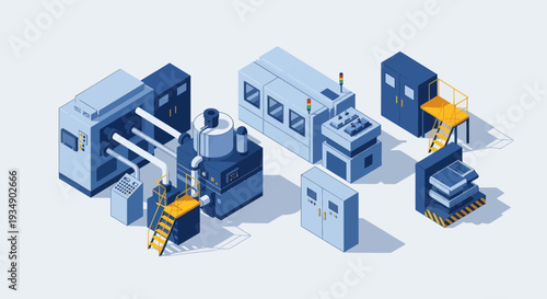 Isometric Industrial Factory Machinery Set Vector Illustration.