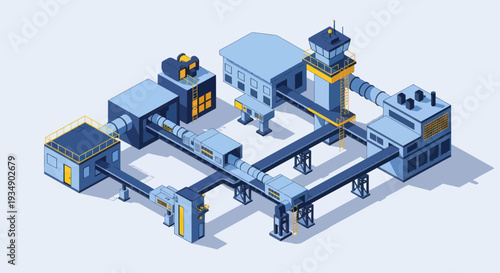 Isometric Industrial Factory Complex with Conveyor Systems.