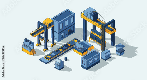 Isometric Industrial Factory Production Line with Machinery and Conveyor Belts.