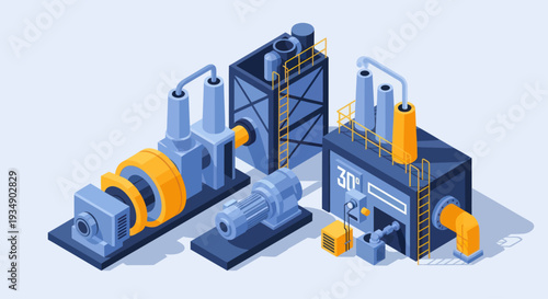 Isometric Industrial Factory Production Line with Machinery and Equipment.