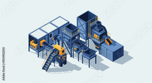 Isometric Industrial Factory Production Line with Machinery and Conveyors.