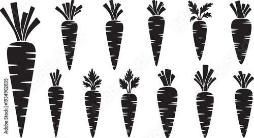 Black and white illustration of various carrot silhouettes together