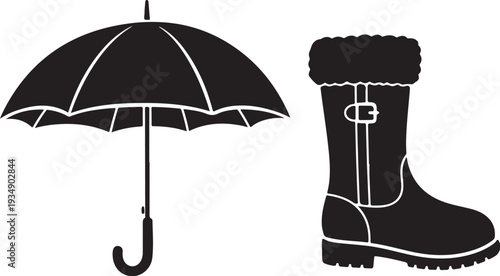 Black Silhouette of Umbrella and Rain Boot Vector Graphic