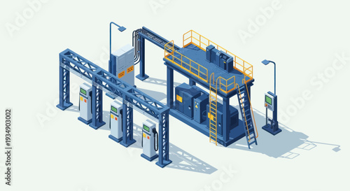 Isometric Industrial Gas Station with Fuel Pumps and Storage Tanks.