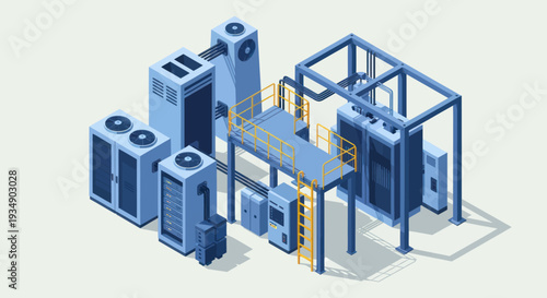 Isometric Industrial HVAC and Server Infrastructure Illustration.
