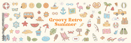 Retro groovy Summer Beach Vacation Doodle Mega Pack, Old School Cool & Vintage Vibes