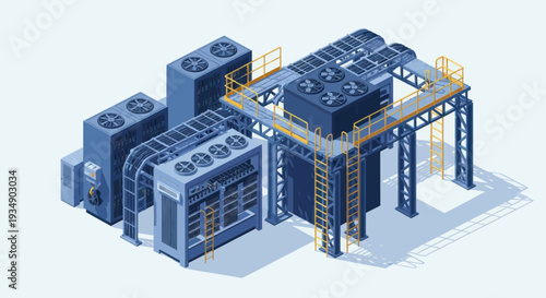 Isometric Industrial HVAC System and Cooling Units Illustration.