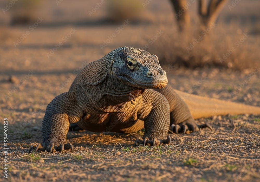 Fototapeta premium Close-up of a majestic Komodo dragon walking across dry savanna landscape in Indonesia. Captured in natural habitat with dramatic golden hour lighting, highlighting detailed reptile skin texture. Rare