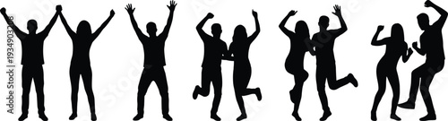 Happy people dancing silhouettes collection, men and women celebrating party isolated black vector illustration on white background