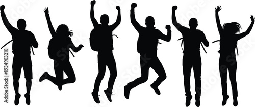 Happy jumping people silhouette set, students with backpacks celebrating success isolated black vector illustration on white background