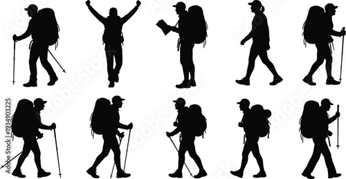 PriHiker silhouette set backpacker trekking walking hiking traveler adventure mountain explorer backpack map stick outdoor journey black silhouette collection