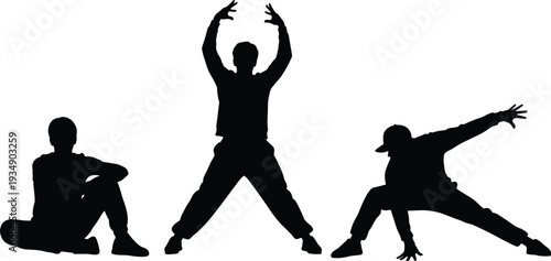 Hip hop dancer silhouette set showing urban street dance poses breakdance freestyle performance isolated on white background modern dance concept