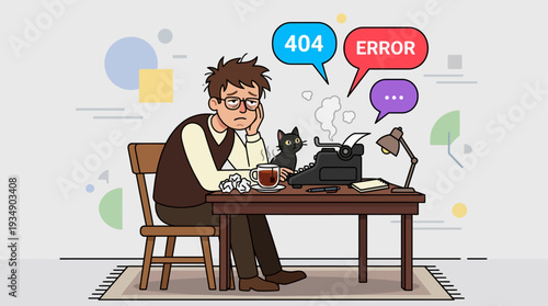 Man sitting at desk with typewriter and cat, surrounded by error messages, in a workspace with abstract shapes
