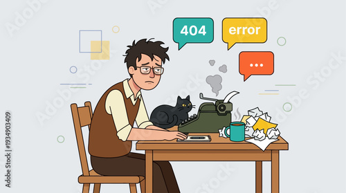 A man sits at a cluttered desk with a cat, surrounded by error messages, in a state of distress, viewed from the side.