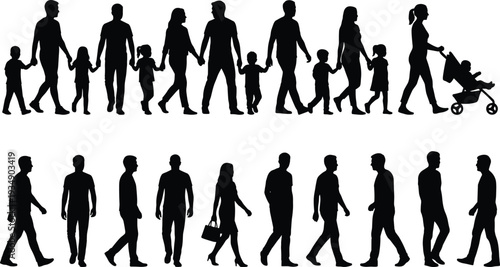 people walking silhouette set, family walking with children stroller, men and women walking poses, urban crowd vector