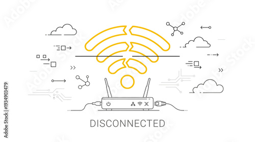 A laptop and tablet display a disconnected Wi-Fi signal amidst floating clouds and digital icons in a minimalist illustration