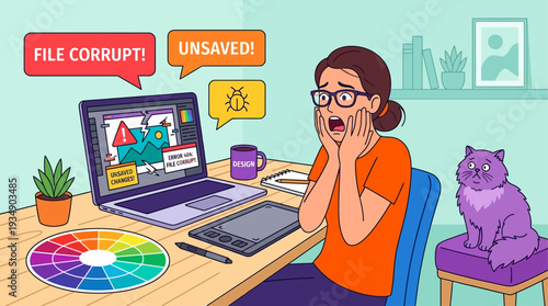 Woman sitting at a wooden desk with laptop and cat, shocked at file corruption on screen