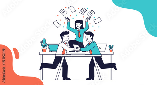 Colleagues Celebrating Success Around Office Desk with Papers and Computers in Modern Workspace