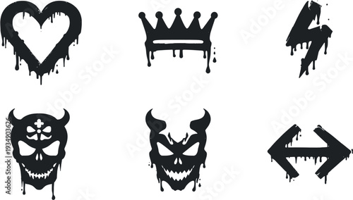 A set of six black dripping grunge icons including heart, crown, lightning, and two demon skulls, on a white background.