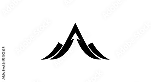 Abstract minimalist mountain peaks logo with an integrated upward arrow, symbolizing growth, success, and achievement.