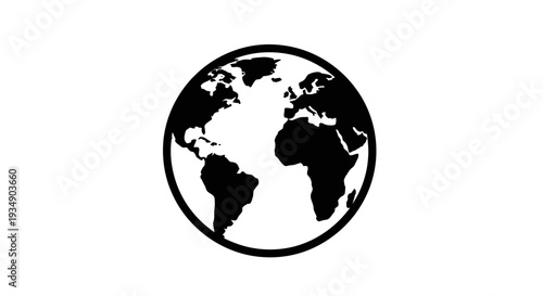 Black and White World Globe Icon on White Background. Simple Global Earth Map Symbol for International Communication and Travel