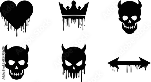 A collection of six black silhouette vector icons featuring a dripping paint or grunge effect, including a heart, a crown, three horned skulls, and a double-headed arrow, all in a street art style.