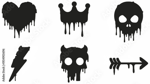 Set of six black dripping grunge style silhouettes including heart, crown, skulls, lightning bolt, and arrow on white background.