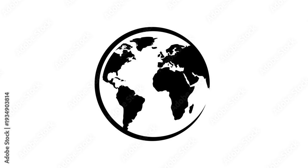 Fototapeta premium Black and white Earth globe icon showing world map continents. Global communication, international travel, planet symbol, graphic design element.