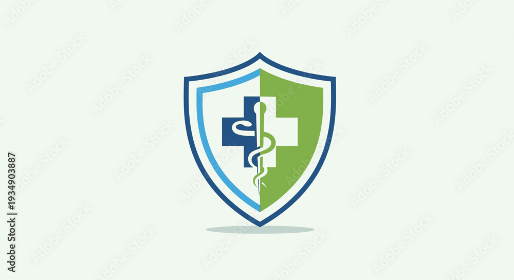 Obraz premium Health protection shield icon with medical cross and caduceus symbol. Healthcare safety, security, and medical care concept.