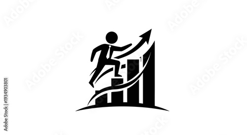 Business growth concept with person climbing an upward trending bar chart, symbolizing career success, financial progress, and professional development.
