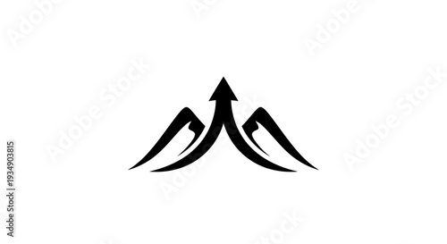 Abstract black mountain range icon with an upward arrow, symbolizing growth, progress, success, achievement, and business potential.